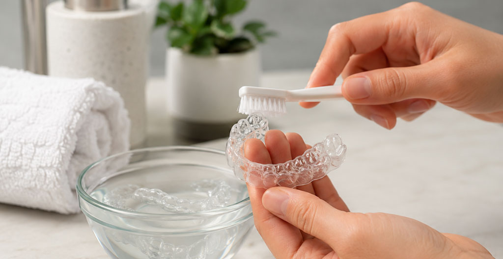 Gros plan d'une main nettoyant une gouttière dentaire transparente sous l'eau avec une brosse douce au-dessus d'un lavabo blanc.