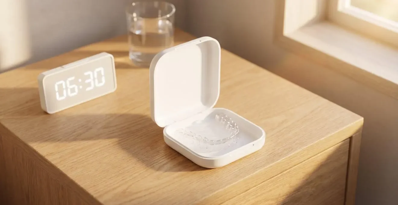 Une gouttière dentaire transparente reposant dans son étui blanc ouvert sur une table de nuit en bois clair, éclairée par la lumière douce du matin.