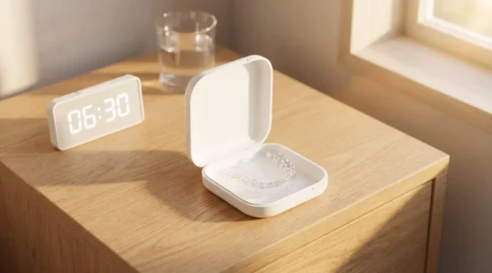 Une gouttière dentaire transparente reposant dans son étui blanc ouvert sur une table de nuit en bois clair, éclairée par la lumière douce du matin.