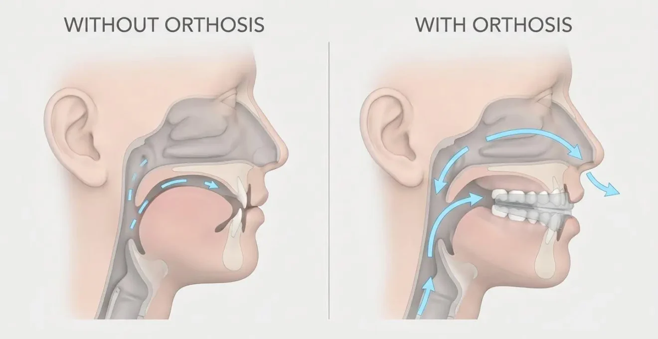 Schéma comparatif en coupe de profil montrant les voies respiratoires sans orthèse (obstruées) et avec orthèse d'avancée mandibulaire (dégagées).
